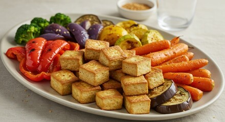 Healthy vegan platter featuring golden baked tofu cubes and a colorful medley of roasted vegetables for a nutritious plant-based meal