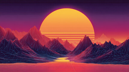 Futuristic digital landscape with a vibrant retro sunset over glowing wireframe mountains and a reflective valley
