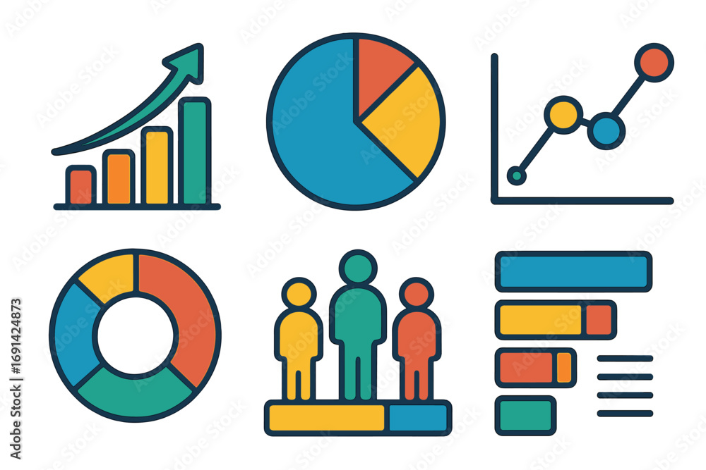 Aufkleber colorful data visualization & infographic elements set. charts, graphs for statistical information. 