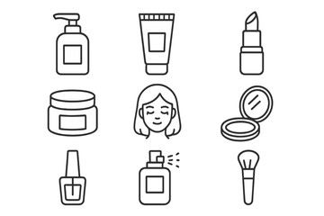 Cosmetic and makeup product line icon set. Beauty, skincare, and glamour vector icons in simple outline style. Collection with lipstick, cream, nail polish, perfume, and brush.