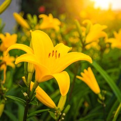 Vibrant yellow lilies in garden