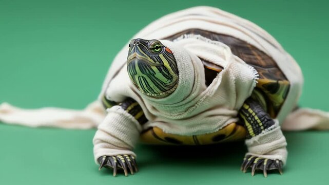 A redeared slider turtle is wrapped in white bandages on a green background