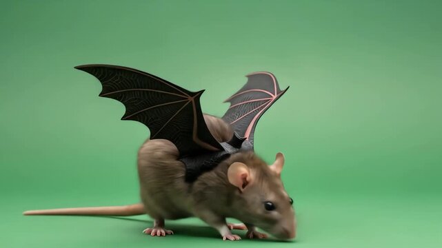 A rat with black bat wings on a green background