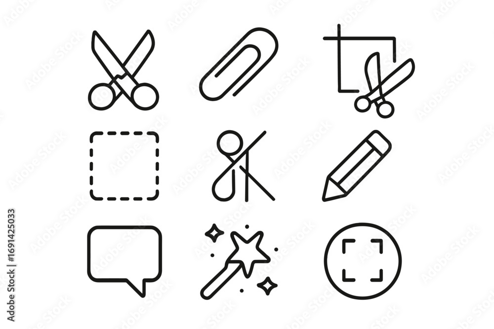 Poster editing tools line icon set. ui linear icons collection. cut, crop, trim with scissors. edit with pe