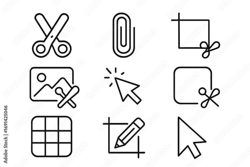 Poster editing tools line icon set. scissors, clip, trim, crop symbols. vector outline collection for user 