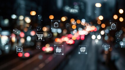 Blurry city night scene with digital icons