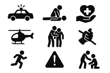 Emergency aid silhouette icon set. Rescue, safety, assistance collection. First aid CPR, police car, helicopter, medical help concepts. Vector safety and warning symbols.