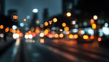 Abstract city night scene with overlaid icons