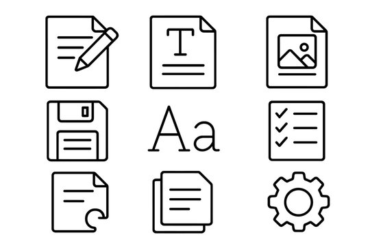 Document editing linear icon set. Text editor tools and file organization symbols. Line style vector illustration for user interface design, including save, font, and settings icons.