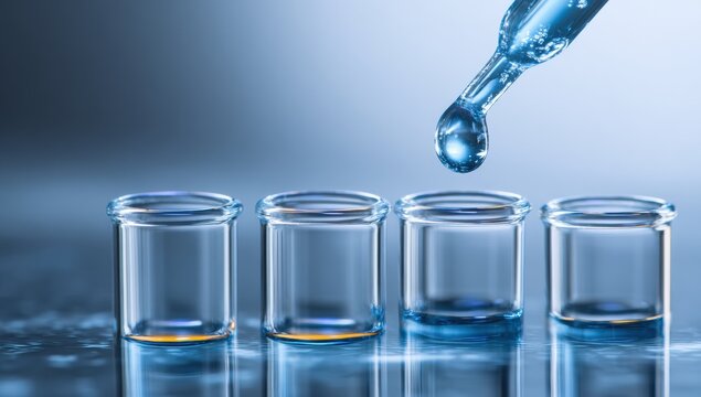 A laboratory scene with a dropper dispensing a liquid into test tubes