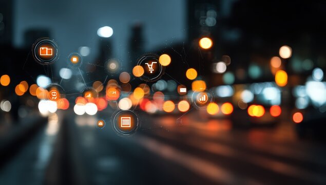 Abstract city night scene with overlaid icons
