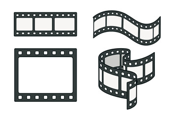 Film strip collection. Movie reel frames. Retro cinema strip icon set. Video tape negative border for photo. Photography celluloid template. Vector illustration isolated on white.