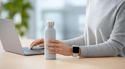 Person holding a water bottle next to a laptop at a desk