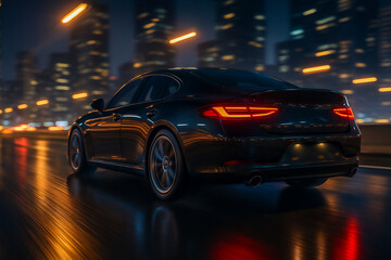 Car Driving Fast on Wet City Road at Night