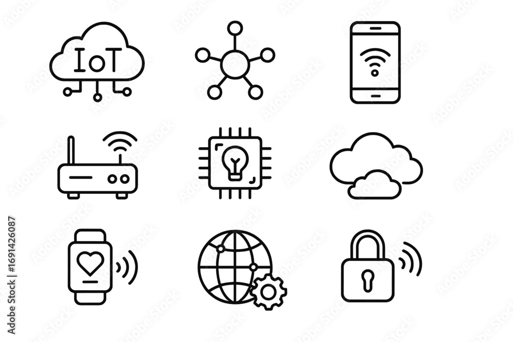 Poster iot technology outline icon set. internet of things linear icons. network, data, innovation, cloud c