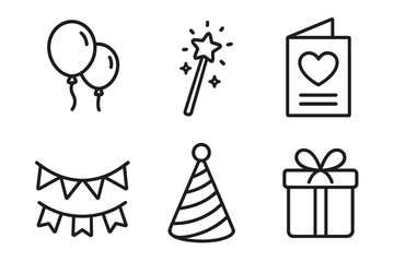 Holiday and birthday party line icon bundle. Simple minimalist vector symbols for web, apps, and print. Includes balloon, gift box, greeting card, magic wand, festive garland.