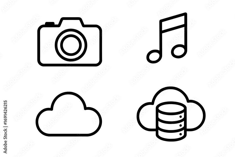 Poster multimedia cloud outline icon set. camera, music note, and data storage line art collection. vector 