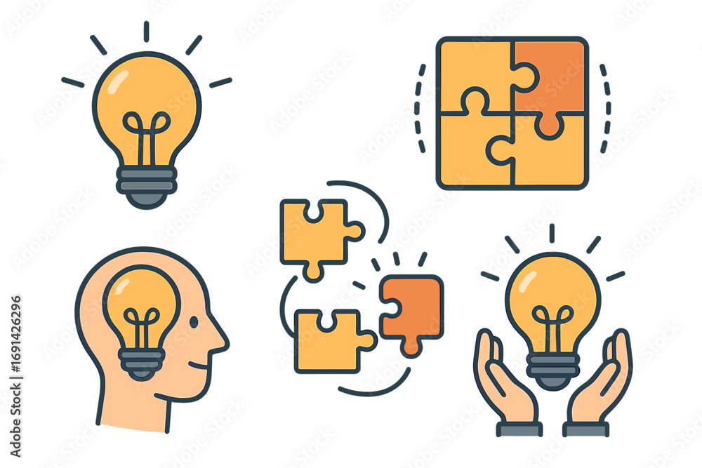 Poster creative problem solving and brainstorming concepts. vector icon set with lightbulb for new ideas an