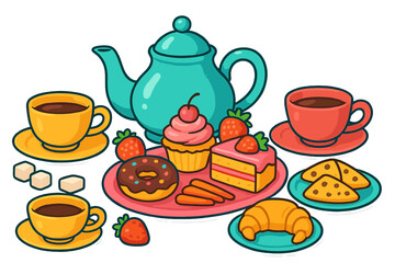 Tea party set cartoon vector illustration. Collection of sweets, desserts, and drinks. Teapot, cup, cake, donut, croissant for breakfast, cafe menu, or bakery design.