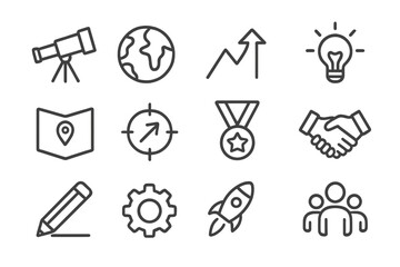 Business success and startup icon set. Minimalist line icons for growth, teamwork, innovation. Concepts of exploration, achievement, collaboration, strategy, and goals. Vector.