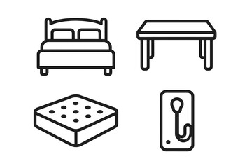 Furniture line icon set with bed, table, mattress, coat hook. Home interior furnishing symbols. Simple outline pictogram collection for web design, apps, and print media.