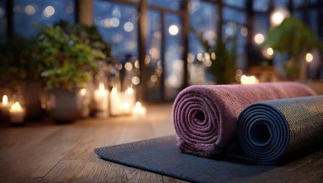 Yoga mats rolled up in a studio at night