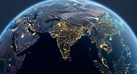 Satellite view of Earth at night showing illuminated cities in India and surrounding regions, symbolizing global connectivity, technology, geography, and human progress