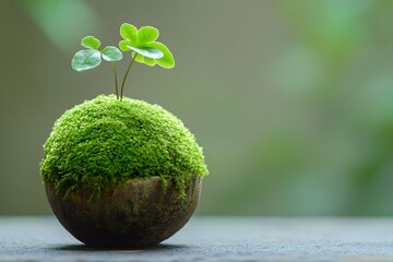 Delicate sprout growing from a moss ball, embodying nature's resilience