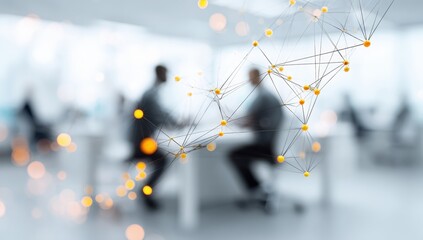 Abstract network overlaying blurred office scene
