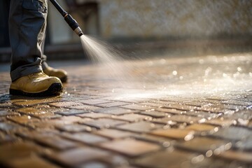 High-Pressure Cleaning - Worker Power Washing Brick Pavement, Sparkling Water Spray.