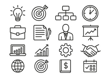 Business and productivity line icon set. Vector collection of symbols for digital marketing, management, finance, and strategy. Includes idea, target, growth, and data icons.