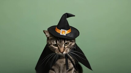 A tabby cat wears a black witch hat and cape against a green backdrop - Powered by Adobe