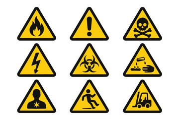 Safety hazard warning signs vector icon set. Collection of flat yellow triangle symbols like flammable, toxic, biohazard, high voltage, corrosive, health and slippery floor.