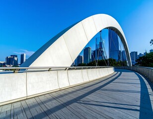 Modern arch bridge over a cityscape
