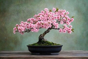 Exquisite Cherry Blossom Bonsai Tree in Full Bloom, Serene Green Backdrop.