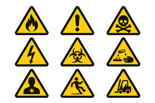 Safety hazard warning signs vector icon set. Collection of flat yellow triangle symbols like flammable, toxic, biohazard, high voltage, corrosive, health and slippery floor.