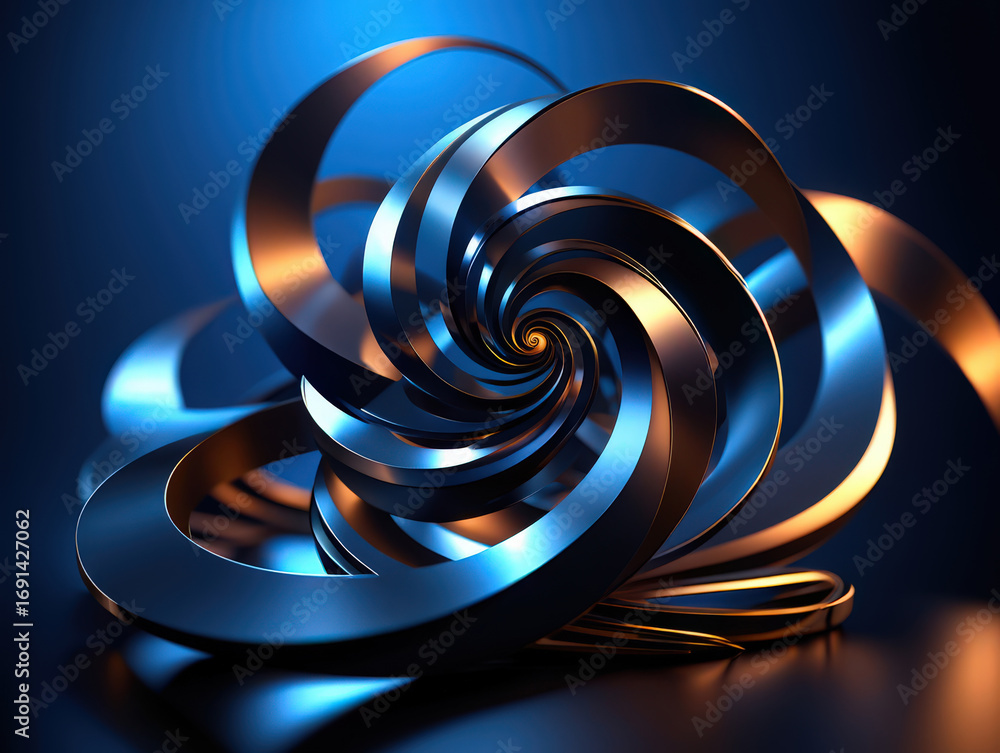 Fototapete abstract metallic swirls in blue and gold against a dark backdrop creating a dynamic and modern desi