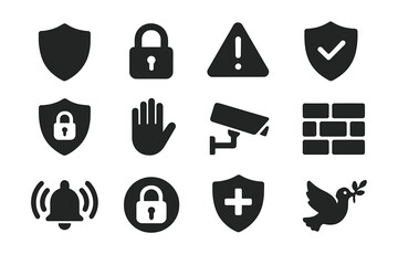 Security and peace solid icon set, safety protection symbols, vector security icons, shield lock warning alarm hand stop camera, peace dove with olive branch, protection graphics collection