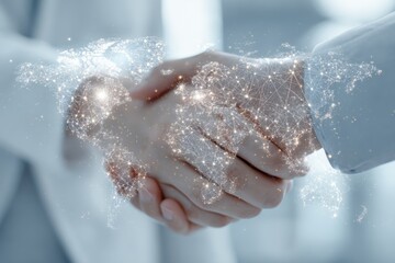 Fototapeta premium Business handshake overlaid with a global network graphic