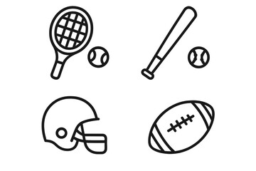 Sports equipment outline icon set. Tennis, baseball, American football gear line collection. Vector illustration of racket, ball, bat, and helmet icons for sport design.