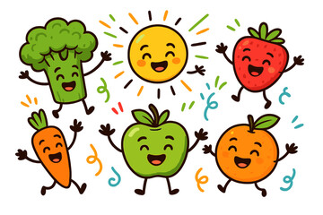 Happy fruits and vegetables characters celebrating. Cute cartoon food mascot set. Healthy eating, vegan, vitamin concept. Funny apple, carrot, strawberry, broccoli, orange.