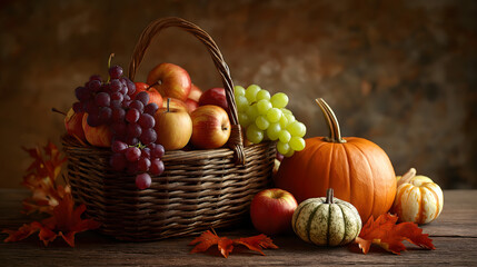 Autumn Harvest Basket with Pumpkin, Grapes, and Fruits on Wooden Table - Perfect for Thanksgiving and Halloween Decor