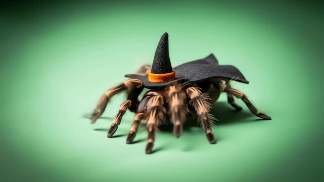A tarantula wearing a small black witchs hat with an orange band