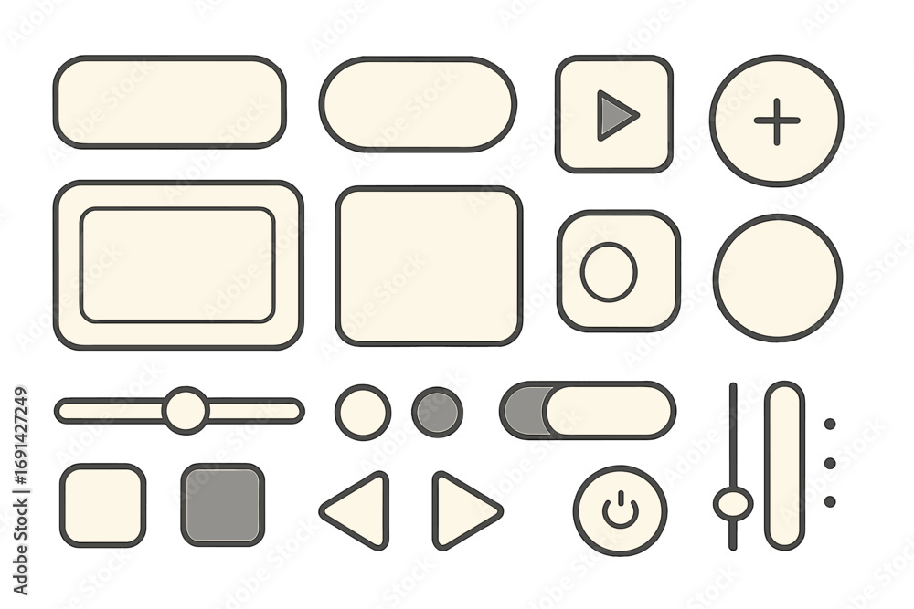 Poster user interface design kit with minimalist buttons, frames, controls. vector cartoon gui elements for