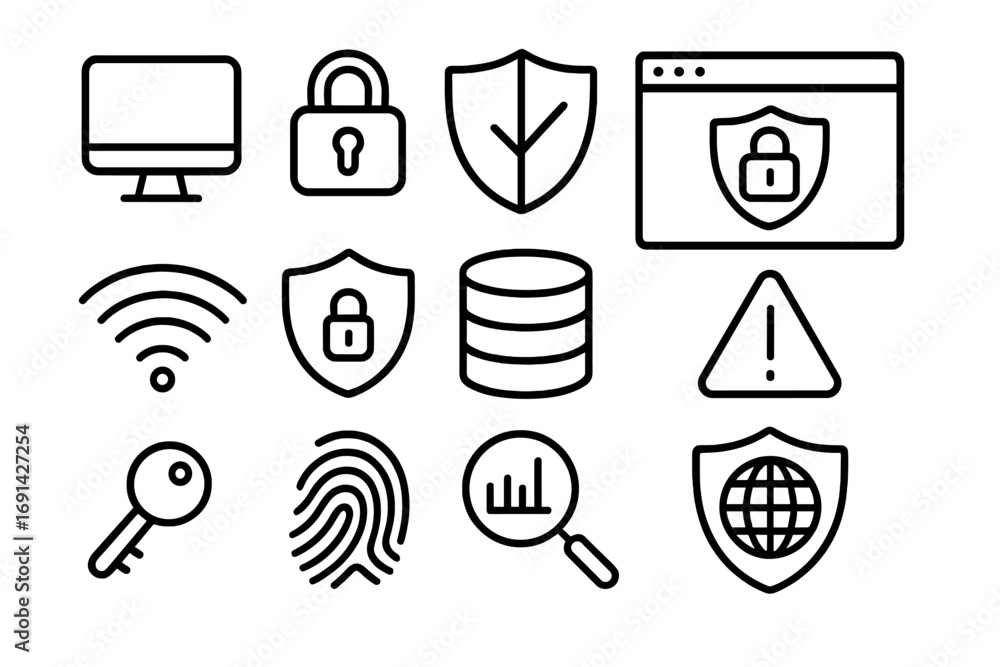 Poster technology and security icon set in outline style, web protection, data analysis, cybersecurity symb