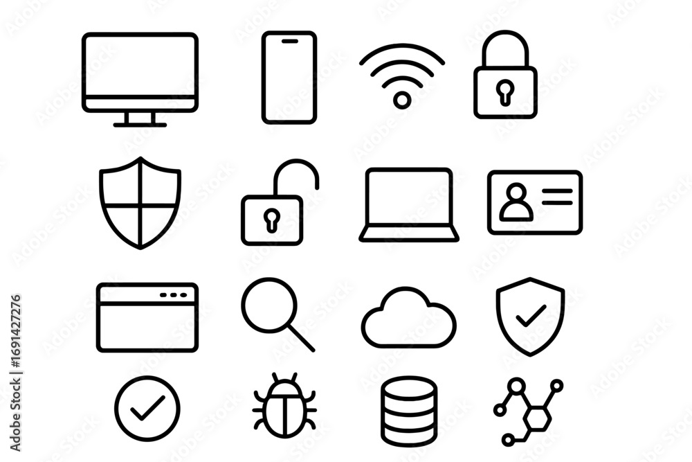 Poster technology and security line icon set, web data analysis symbols in outline style, vector cartoon il