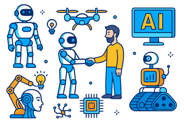 Artificial intelligence and robotics concept. Human and robot cooperation with handshake. Future technology automation icons set with drone, AI, cyborg and androids. Vector.