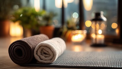 Rolled yoga mats and towels in a spa-like setting