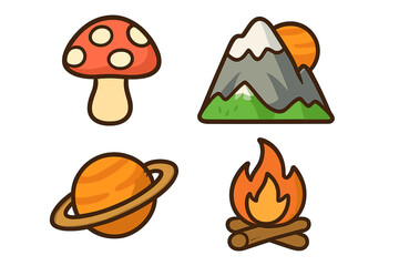 Nature and adventure icon set with mushroom, mountain, planet, and campfire. Vector cartoon illustration collection for websites, apps, infographics, and sticker design.