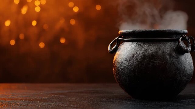 Black cauldron emits steam in a warm, glowing ambiance, showcasing a captivating scene with rich textures and soft bokeh lighting
